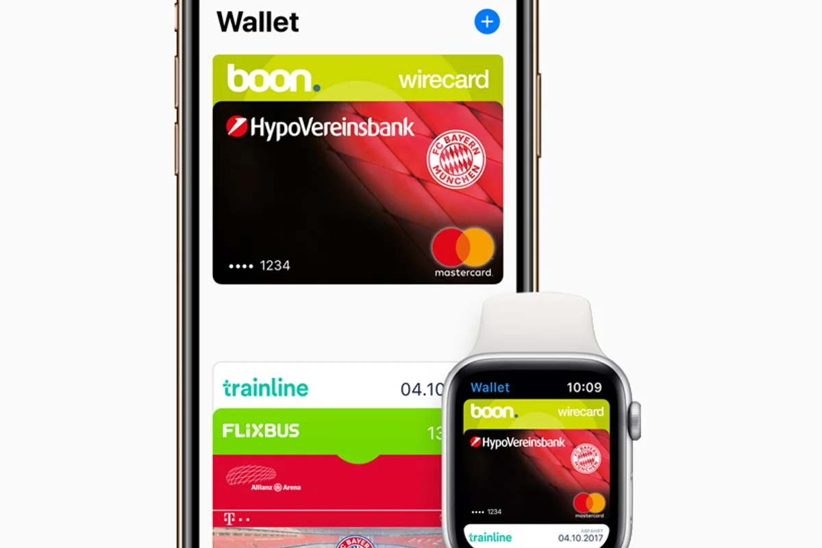 Application Apple Wallet et cartes de paiement affichées sur un iPhone et une Apple Watch