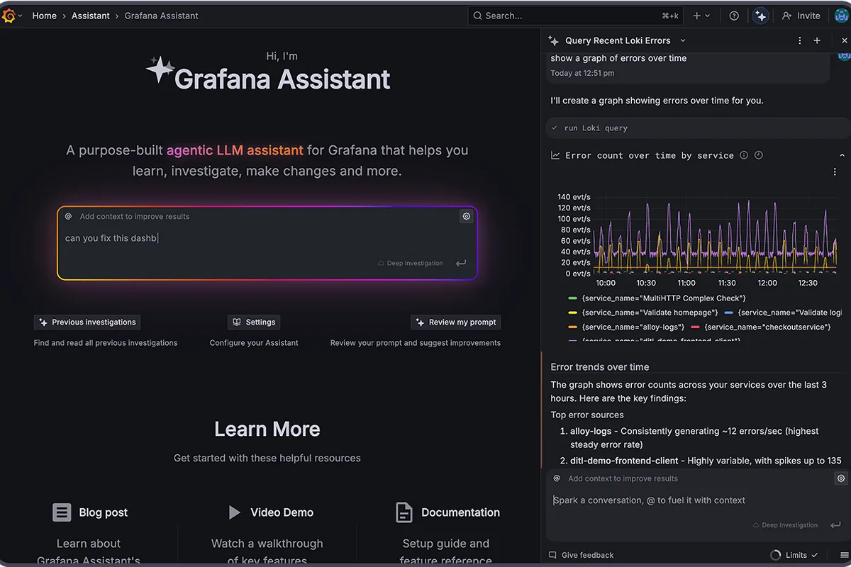 Interface officielle de Grafana Assistant permettant de demander une analyse des données de supervision en langage naturel