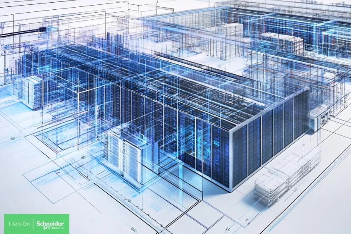 Illustration d'un jumeau numérique de centre de données montrant la structure technique des salles informatiques et de leurs équipements