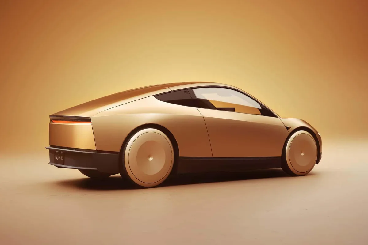 Vue latérale du Cybercab de Tesla, véhicule autonome doré dépourvu de poste de conduite traditionnel